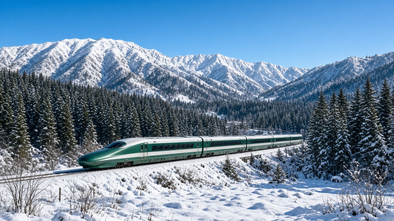 東北の雪山を走るはやぶさ（E5系）